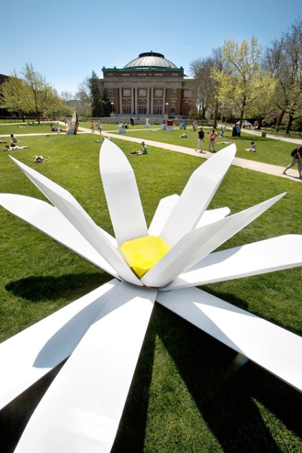 UIUC's Art in Public Places course displays their sculptures on the main quad and outside Krannert Center for the Performing Arts. Each piece is a large-scale and site-specific construction made entirely from cardboard and glue. Art 305 - Art for Public Places "All That Is Good, True, And Beauty" by Teresa Wei, Molecular & Cellular Biology.